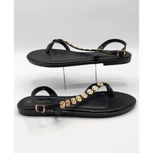 Olivia & Kate Sandals 8.5 Black Gold Flat Toe Ring Slide Adjustable Strap